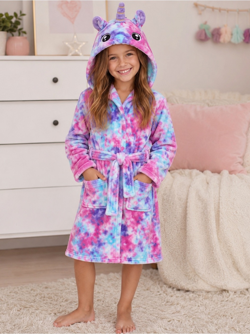 Multicolor Hooded Unicorn Robe Size 7-9Y